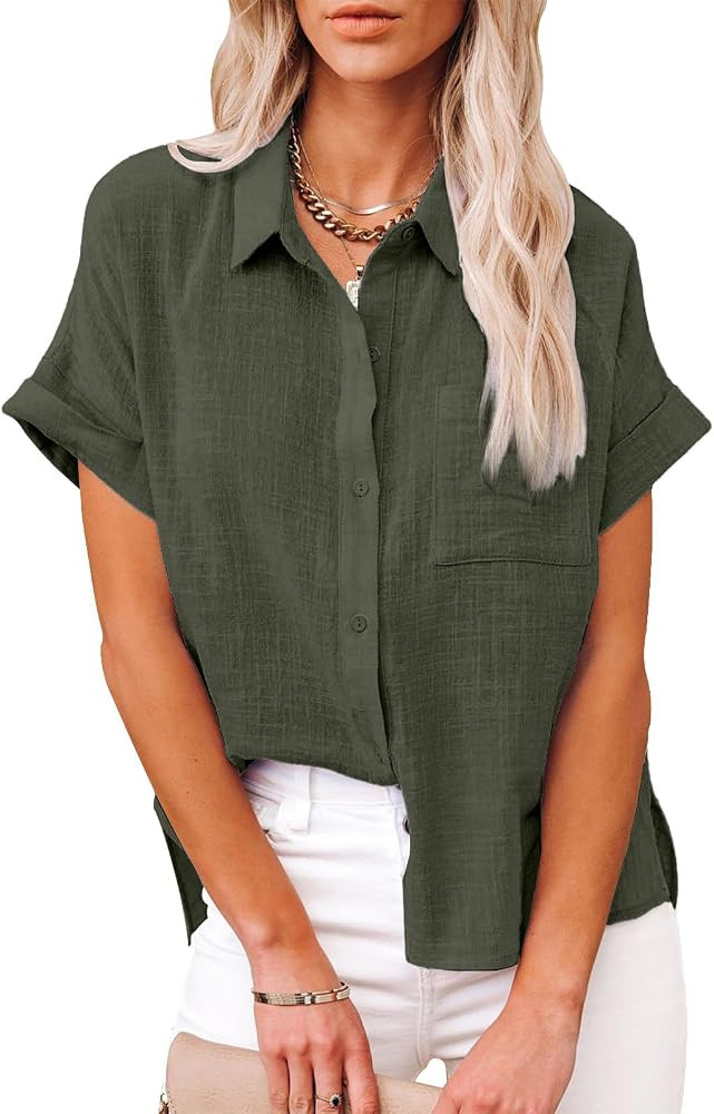 Womens Casual Cotton Linen Button Down Short Sleeve Shirts Solid Summer Beach Blouses Tops with P... | Amazon (US)