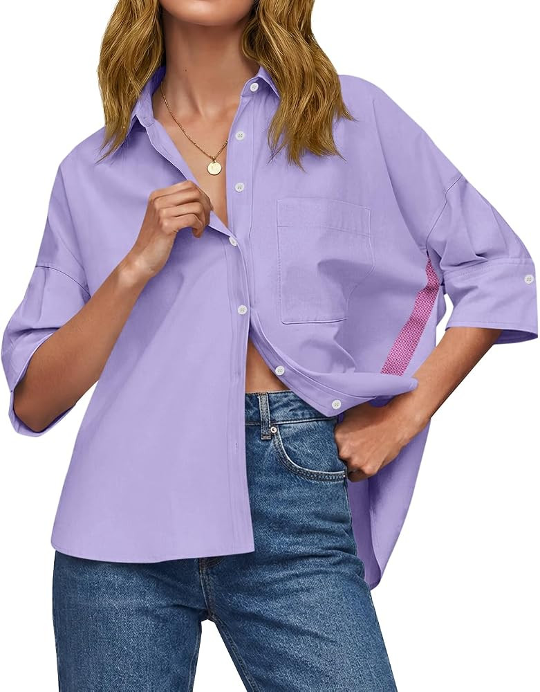 Cicy Bell Womens Oversized Button Down Shirts Half Sleeve Collared Tops | Amazon (US)