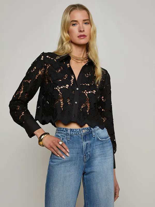 Seychelle Cropped Eyelet Blouse in Black | L'AGENCE | L'Agence