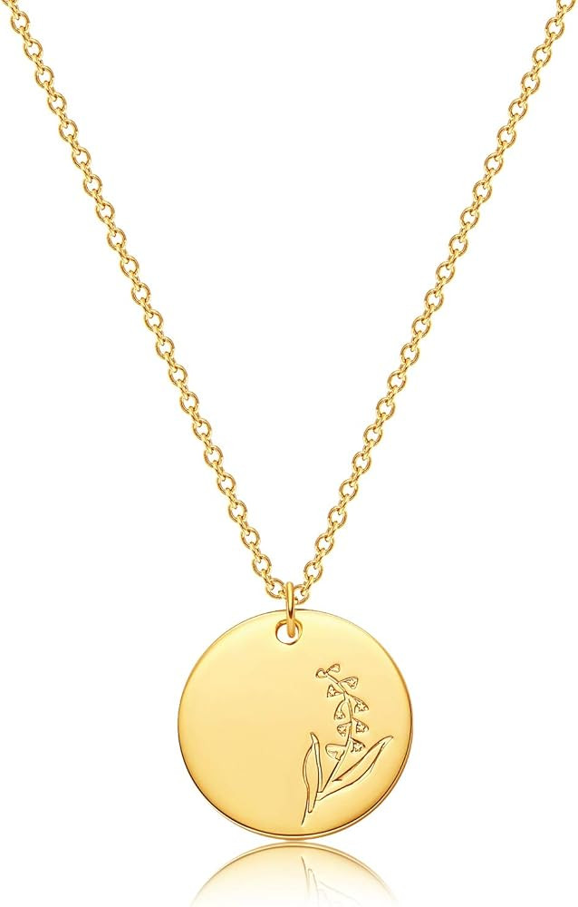 MEVECCO Birth Flower Necklace 18k Gold Engraved Custom Floral Pendant Necklaces Dainty Birth Month F | Amazon (US)