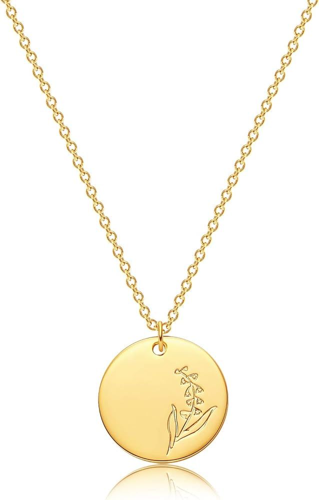 MEVECCO Birth Flower Necklace 18k Gold Engraved Custom Floral Pendant Necklaces Dainty Birth Mont... | Amazon (US)