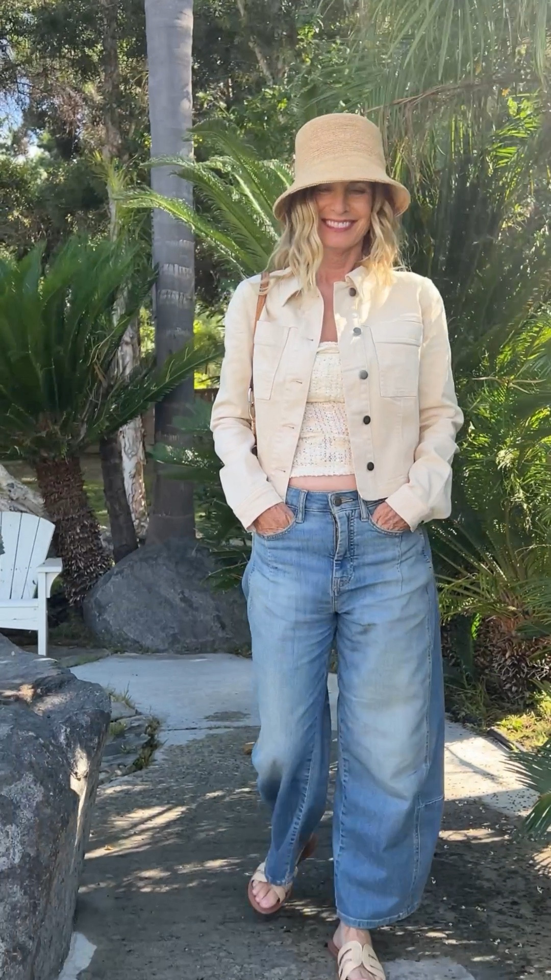 Love the look of this lace tube top, distressed denim barrel jeans, the cutest raffia hat, and cream denim jacket. 

#LTKxNSale #LTKOver40 #LTKVideo