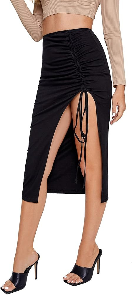 SheIn Women's Slit Bodycon Midi Skirt Split Ribbed Knit Pencil Skirts | Amazon (US)