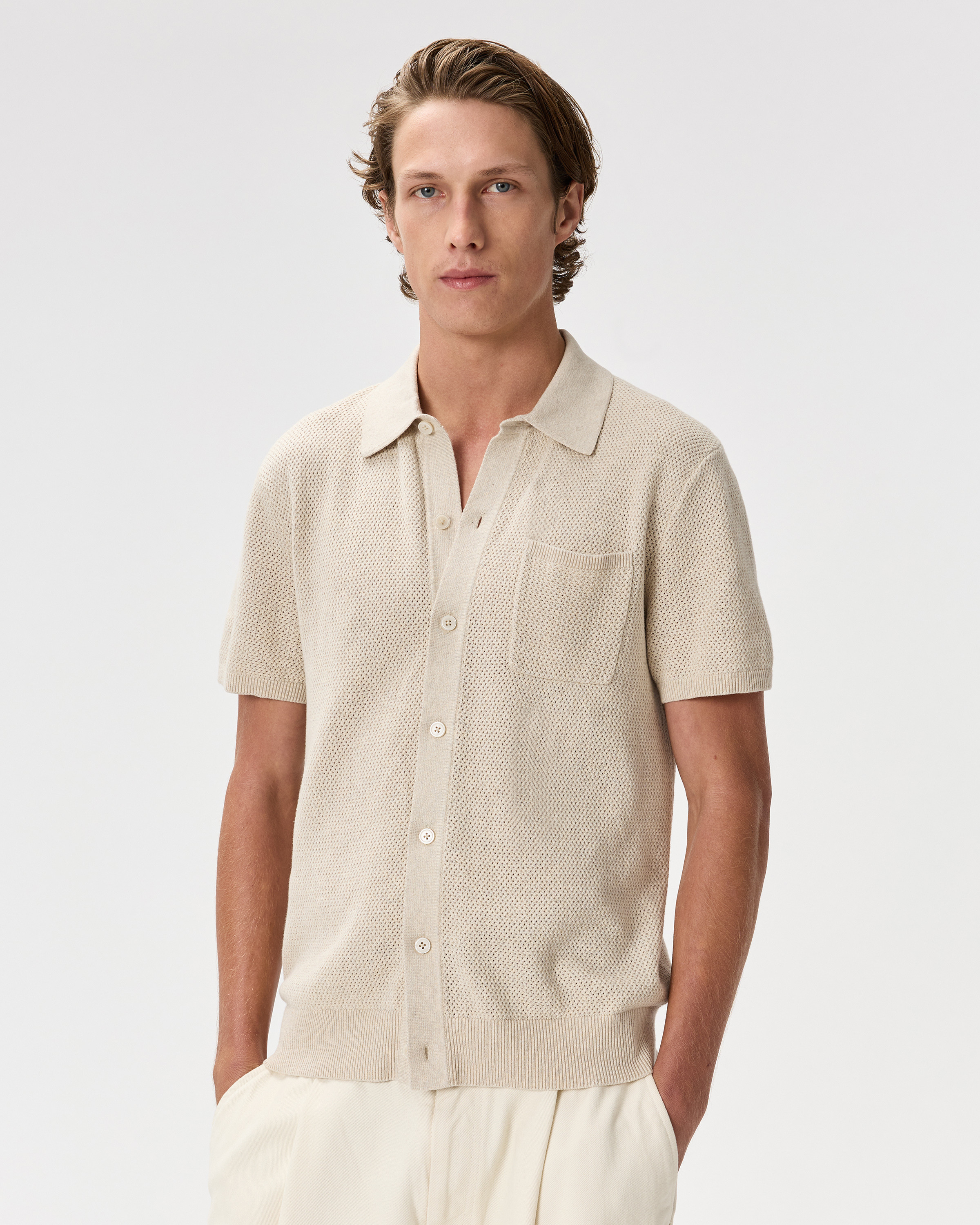 Quince | Men's Mesh-Stitch Button-Up Sweater Polo in Navy, Size Small, Organic Cotton | Quince