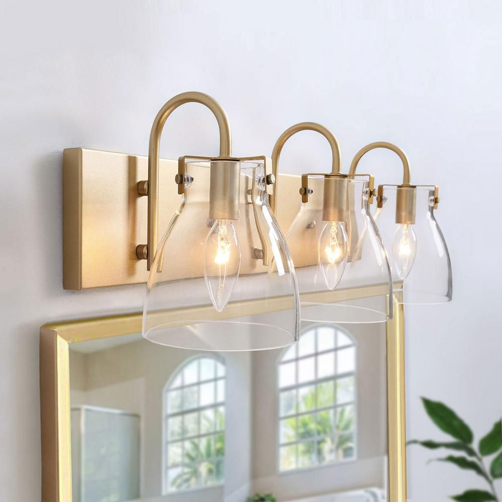 LALUZ 3-Light Gold Vanity Light with Clear Glass Shades Modern Interior Bath Powder Room Bar Mount W | The Home Depot