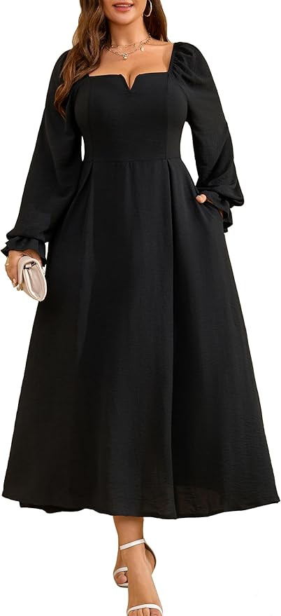 RWJ Long Sleeve Dress for Women 2025 Fall V Neck Elegant Flowy Plus Size Formal Wedding Guest Max... | Amazon (US)