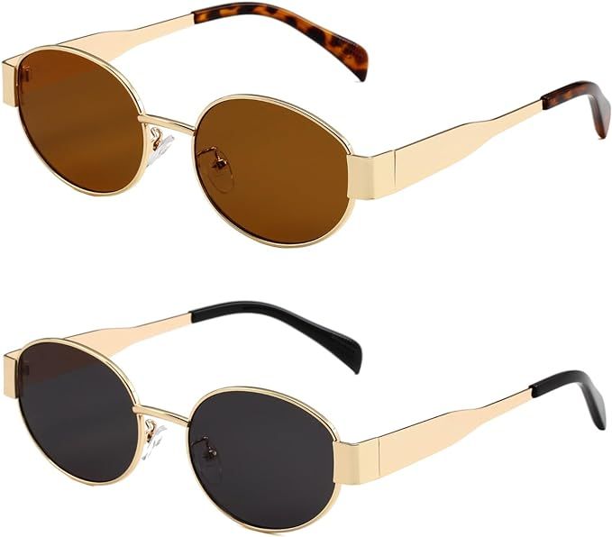 Trendy Oval Sunglasses for Women Retro Designer Gold Sun Glasses Classic Metal Frame Shades 90s | Amazon (US)