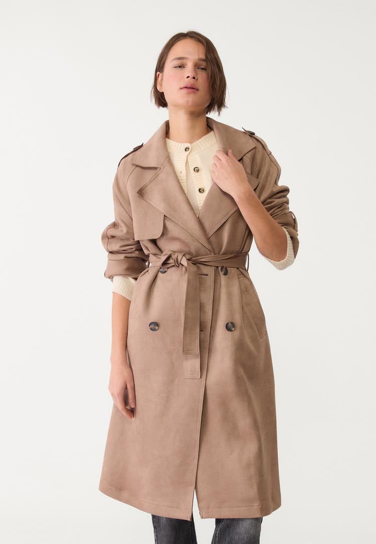Long faux suede trench coat | Stradivarius (UK)
