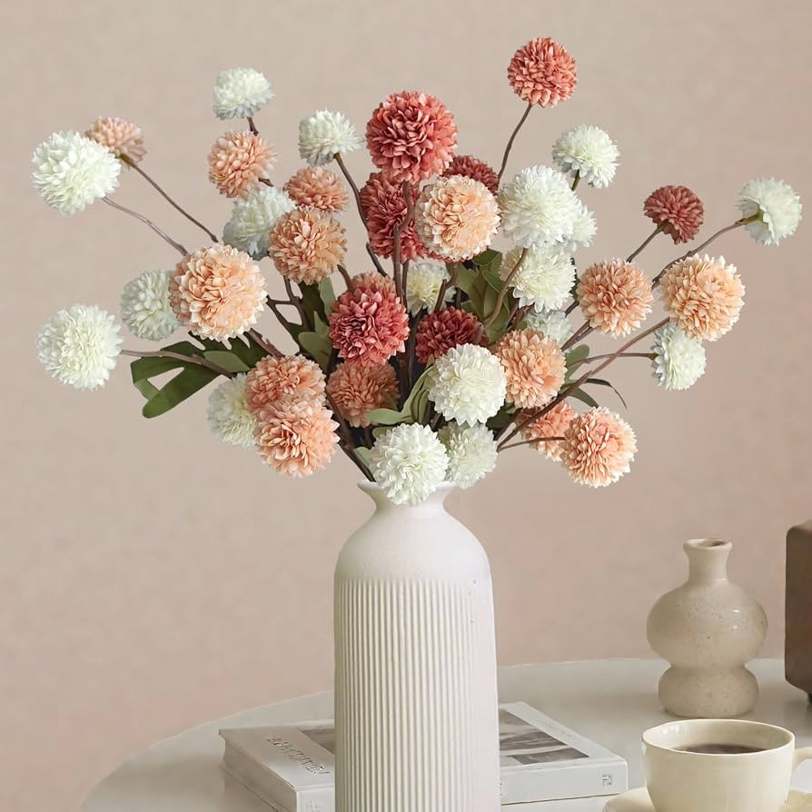 10 Pcs Fake Flowers, Artificial Mums With Long Stems, Faux Pompon Mums Floral Arrangement, 3 Mixe... | Amazon (US)