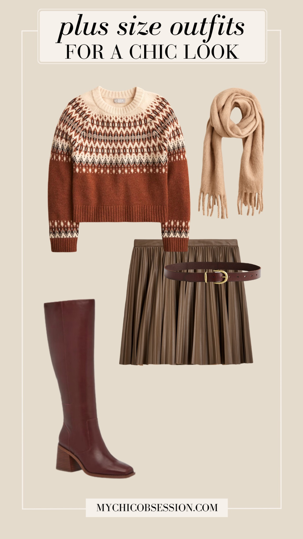Here’s a fun twist on the “apres ski” look for your next winter outfit. Pair a Fair Isle print sweater with a pleated leather mini skirt, tall boots, a belt, and a soft scarf from J.Crew.

#LTKPlusSize #LTKSeasonal #LTKHoliday