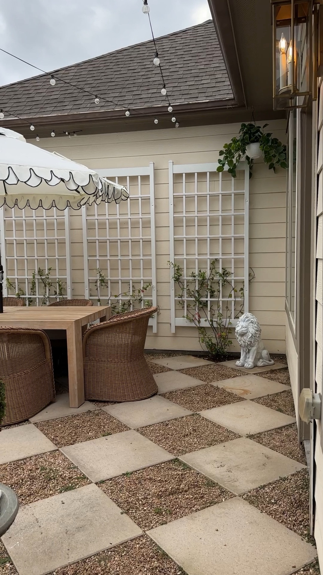 Made some small updates to my backyard and it has never looked better! I added this scalloped umbrella, which is stunning! This outdoor brass lantern made the biggest difference! And these faux topiaries in stone planters and faux hanging pothos added so much green! 

#LTKHome #LTKSeasonal