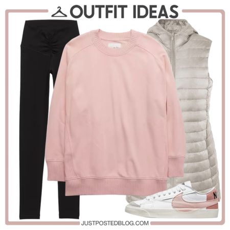 Great casual outfit for fall with a pink tunic sweatshirt, black leggings, vest, and pink Nike sneakers 

#LTKunder50 #LTKsalealert #LTKunder100