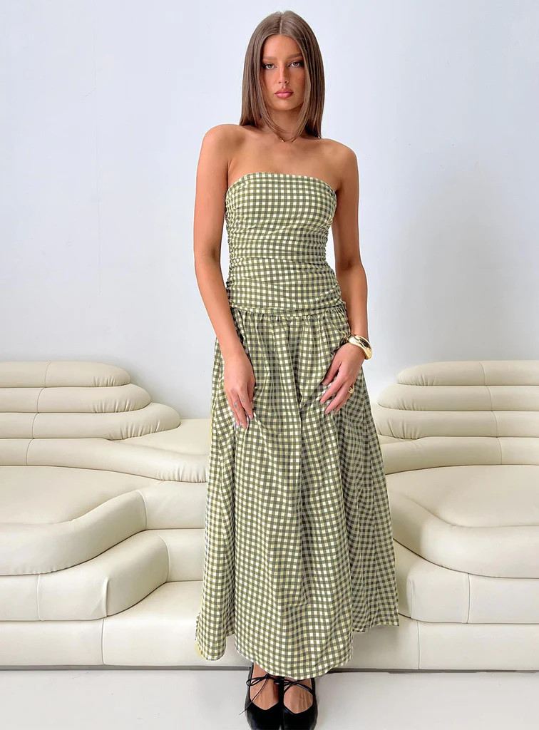 Frankey Strapless Drop Waist Maxi Dress Green Check | Princess Polly US