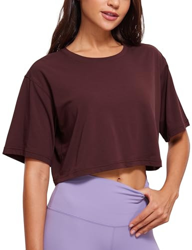 CRZ YOGA Pima Cotton Loose Crop T-Shirts for Women - Workout Yoga Casual Athletic Running Short Sleeve Shirts Crewneck Tops Dark Red Medium | Amazon (US)