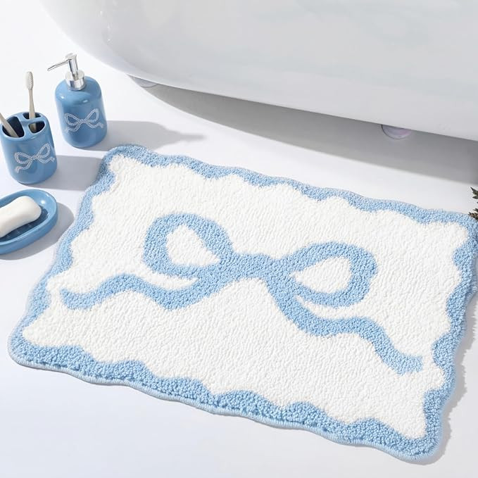 Blue Bow Bathroom Rug 16" x 24" Scalloped Bow Bath Mat Non Slip Cute Coquette Aesthetic Carpet Pr... | Amazon (US)