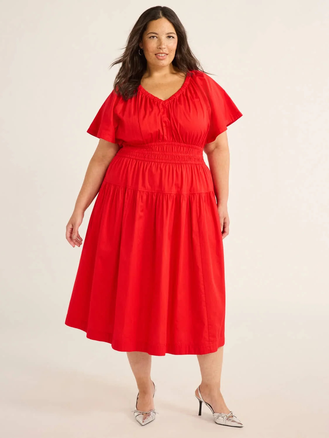 Free Assembly Women's and Women's Plus Denim Tiered Midi Dress with Flutter Sleeves, Sizes XS-4X | Walmart (US)