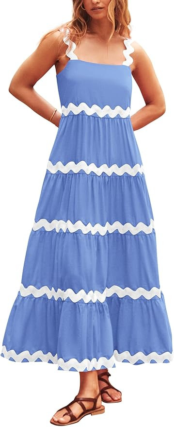 PRETTYGARDEN Women's 2024 Summer Maxi Sundress Spaghetti Strap Rickrack Ruffle Flowy Boho Casual ... | Amazon (US)