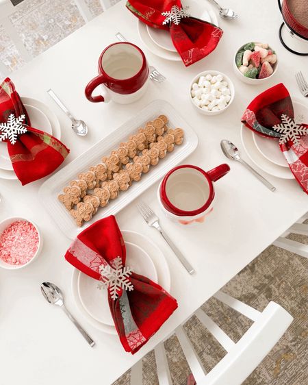Hot cocoa table set up! 

Snowflake napkin ring, dinnerware set, Santa claus mug, serving platter tray, snowman 2-tier server, napkin set. 

#LTKHoliday #LTKhome #LTKSeasonal