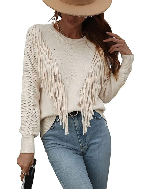 chouyatou Women's Casual Crewneck Fringe Tassel Knitted Pullover Sweater Jumper Tops | Amazon (US)