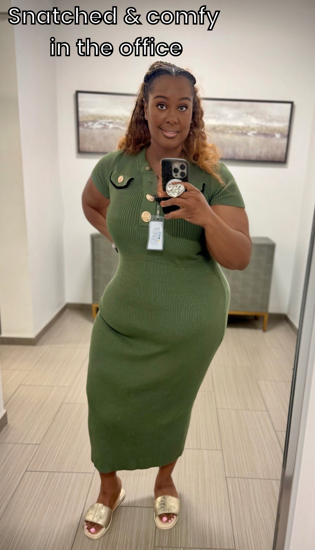 Monday office vibes ✨ This Alexia Admor sheath midi with a Shapellx smoothing bodysuit has me looking polished but still comfy. Paired with my Tory Burch double T slides (pale gold is sold out but I linked a similar). Proof you can serve corporate baddie energy in the office as a plus size girlie 💚

#LTKWorkwear #LTKPlusSize #LTKStyleTip
