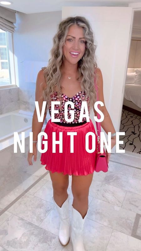 Vegas night one!!!!! Size small skort - true to size. Stretchy waistband but the shorts under are not FYI // corset size M.. I thought I did a small but it’s a M when I double checked!!! Do your usual sports bra size IMO!! My boobs can’t fill the cups but I have a wide rib cage so this size works! // boots 8.5 (I’m in between 8/8.5) these are very very comfy!!! // Mike XL top // sneakers TTS for him!


Vegas
Country concert
Carrie underwood
Festival 
Concert outfit
Bachelorette trip
Girls night 