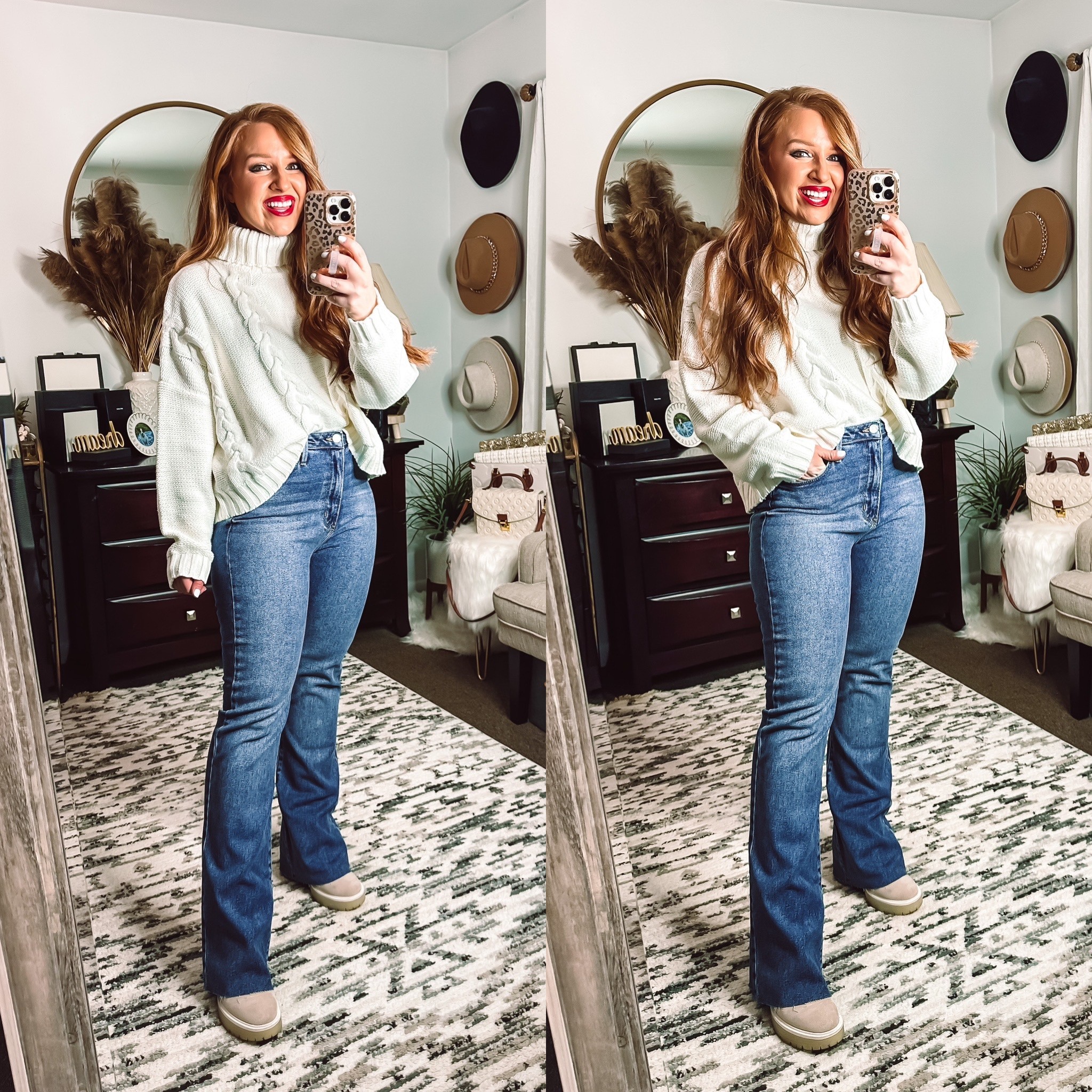 Flare jeans with chunky white sweater ! Jeans in size 28 and turtleneck sweater in size small 

Red dress code valid for only 24 hours! THANKSJAMI 25% off 

#LTKHoliday #LTKSeasonal #LTKstyletip