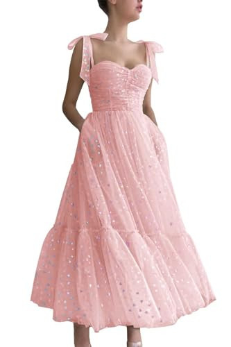 Bow Straps Hearty Tulle Prom Dresses with Tea Length A-line Sweetheart Plus Size Formal Evening Party Gowns Pink for Women US28W | Amazon (US)