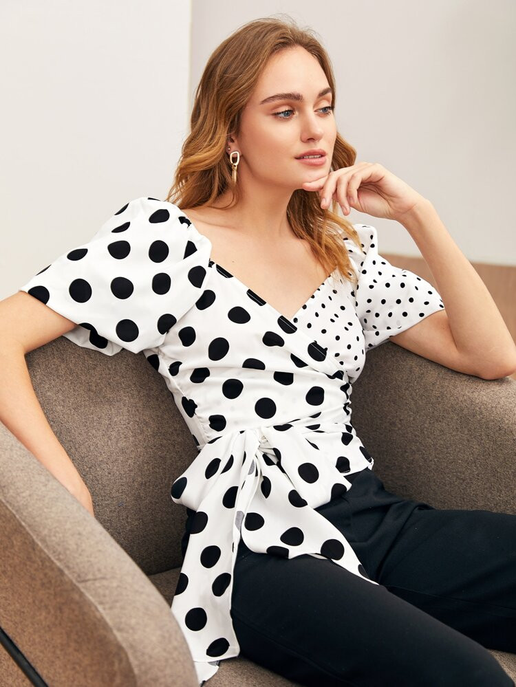 SHEIN Puff Sleeve Wrap Tie Front Spliced Polka Dot Top | SHEIN