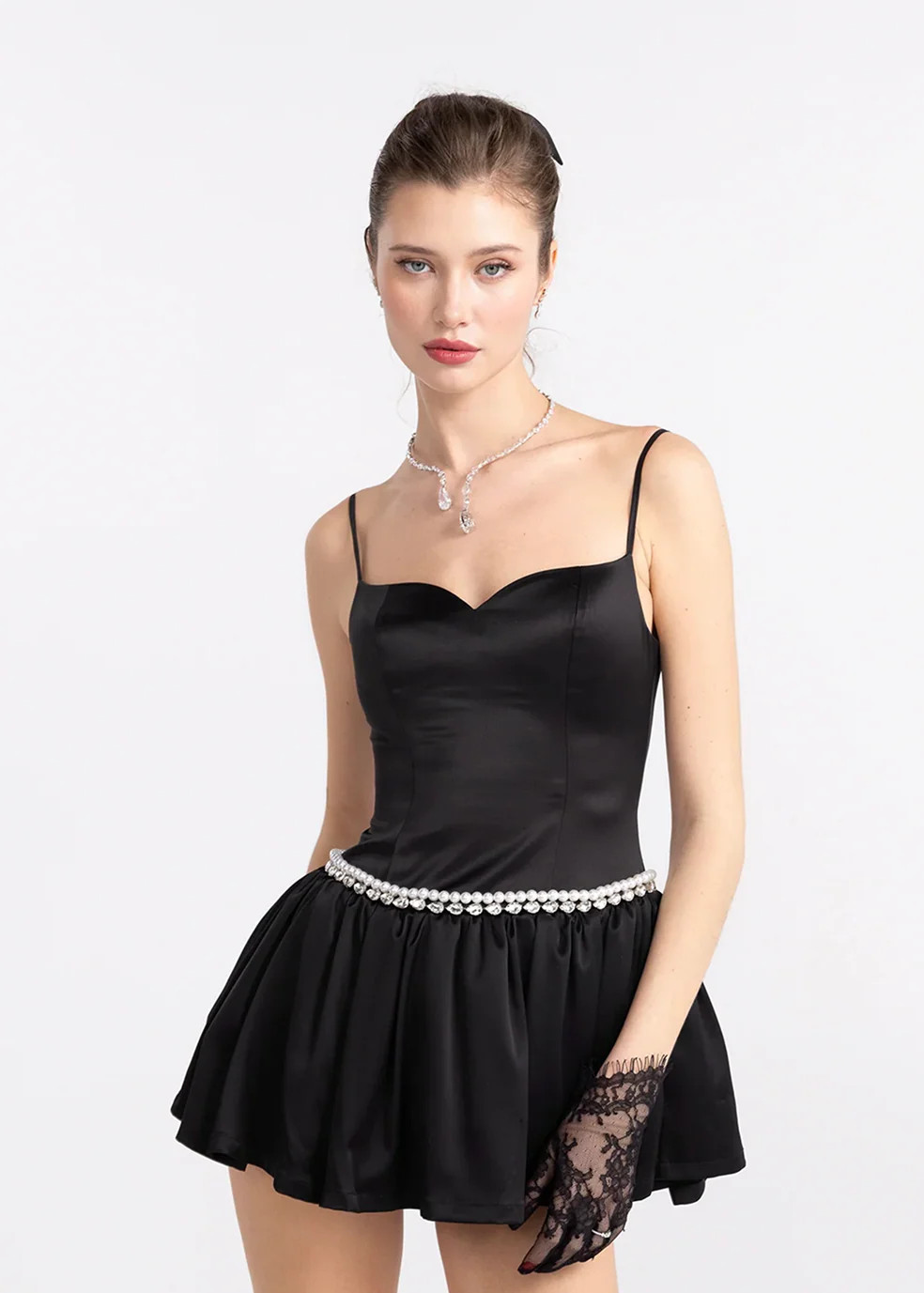 Bella Pearl Mini Dress | Black Satin Pearl Mini Dress | Nana Jacqueline