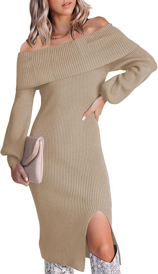 Cutiefox Women's Off The Shoulder Bodycon Sweater Dress Elegant Long Sleeve Ribbed Knit Midi Dres... | Amazon (US)