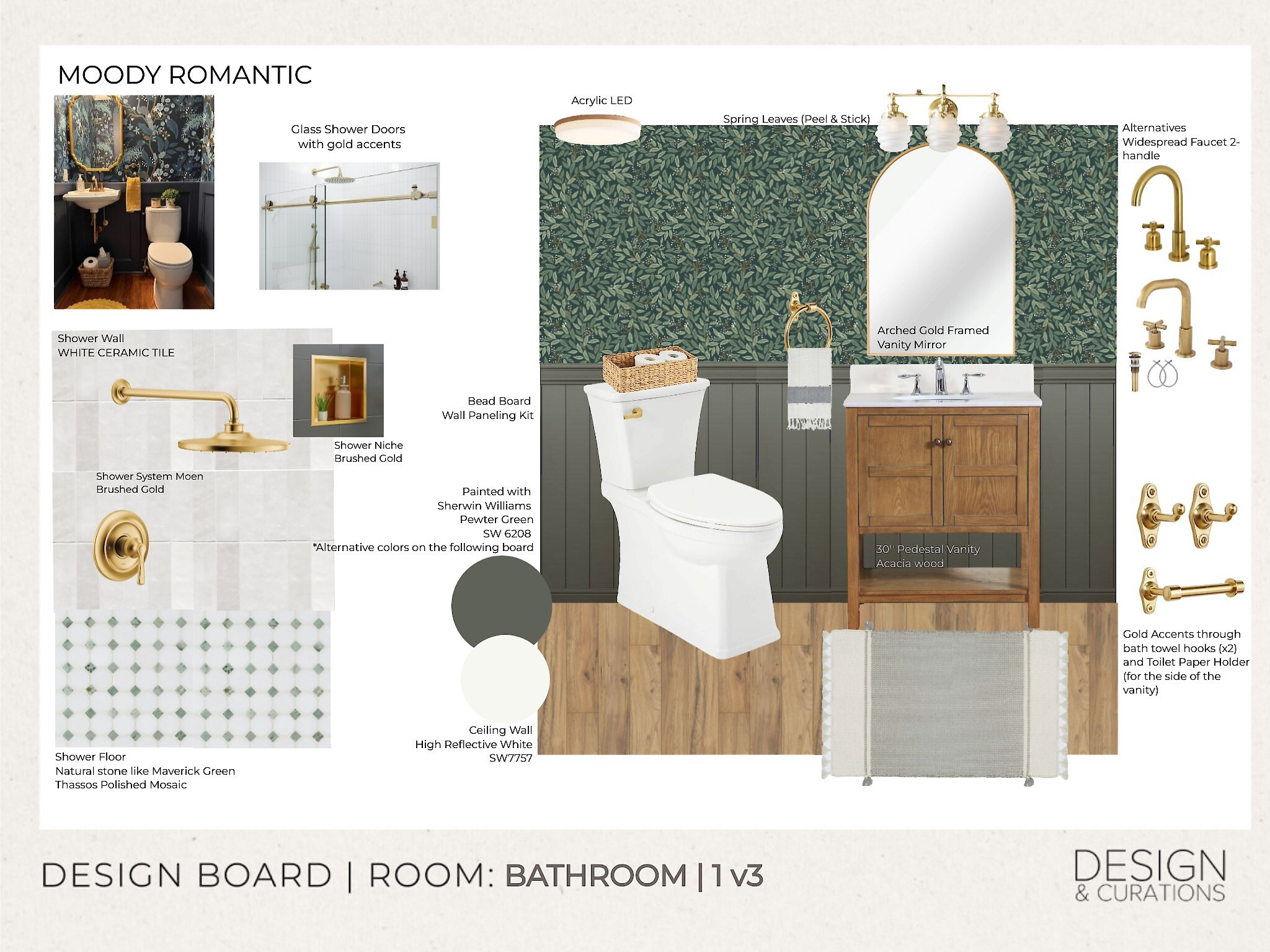 Moody, green bathroom decor, transitional, wall paper, white tile shower, gold accents, rustic bathroom decor. 

#LTKhome