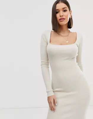 Missguided knitted midi dress with square neck in cream | ASOS US