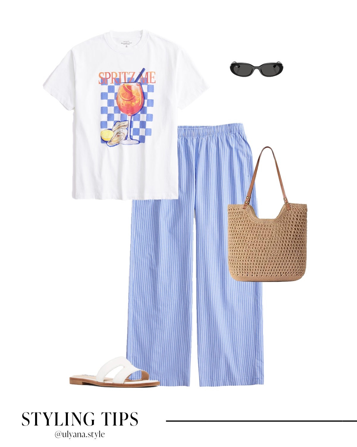 A graphic tee styled with poplin pull on pants is the perfect laid-back everyday summer outfit. Styled with white sandals and a straw tote for an easy resort ready look. Great for travel days, weekend errands, or casual vacation plans. 
.
.
.
.
.
Summer outfits | casual outfits | graphic tee outfit | graphic t shirt | poplin pants | striped pants | pants outfits | pull on pants | blue and white striped pants | sandals 2025 | summer sandals | white sandals | slide sandals | raffia bag | straw bag | tote bag | summer bags | vacation outfits | summer tops | 

#LTKFindsUnder50 #LTKFindsUnder100 #LTKSeasonal #LTKItBag #LTKU #LTKSaleAlert #LTKTravel #LTKStyleTip #LTKShoeCrush #LTKPetite #LTKGiftGuide