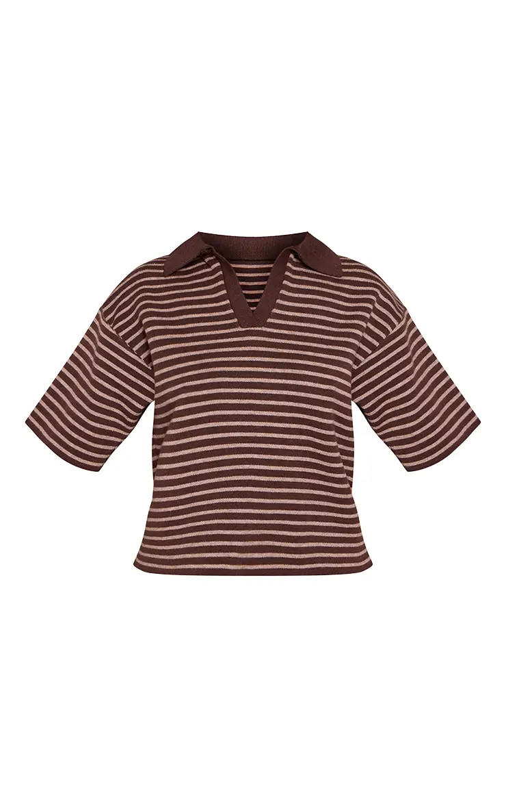 Petite Brown Stripe Knitted Oversized Collared Top | PrettyLittleThing UK