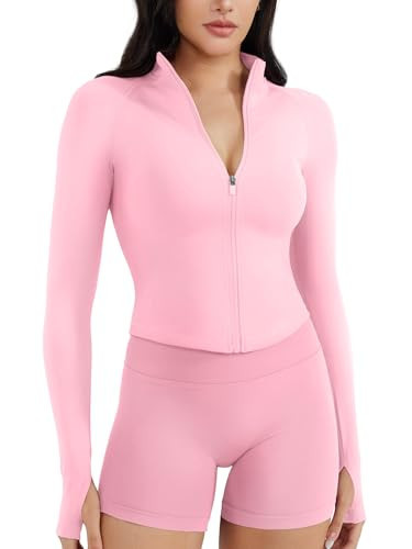 YEOREO SoftHue Women's Athletic Jacket Cropped Long Sleeve Workout Top Zip Up Gym Compression Shirts with Thumb Holes Pink M | Amazon (US)