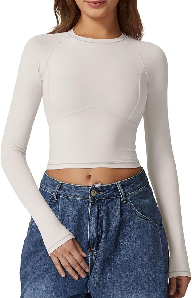QINSEN Women's Crewneck Long Sleeve Shirts Double Lined Fitted Crop Top Seam Cup Going Out Tops | Amazon (US)