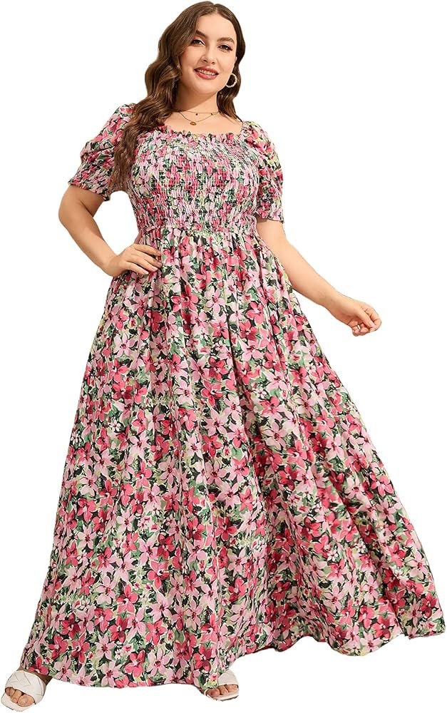 MakeMeChic Women's Plus Size Boho Floral Maxi Dress Curvy Short Sleeve Shirred Squared Neck Floma... | Amazon (US)