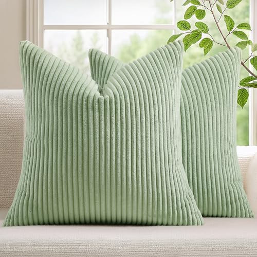 Mecatny Corduroy Spring Decorative Throw Pillow Covers 18x18 Set of 2 for Sofa Living Room, Soft Neutral Boho Couch Pillow Covers for Home Decor, Sage Green | Amazon (US)