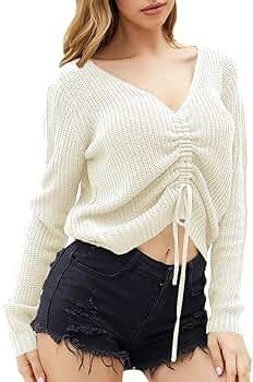 QUALFORT Women’s Cropped Sweater Casual Drawstring V Neck Sexy Tops | Amazon (US)