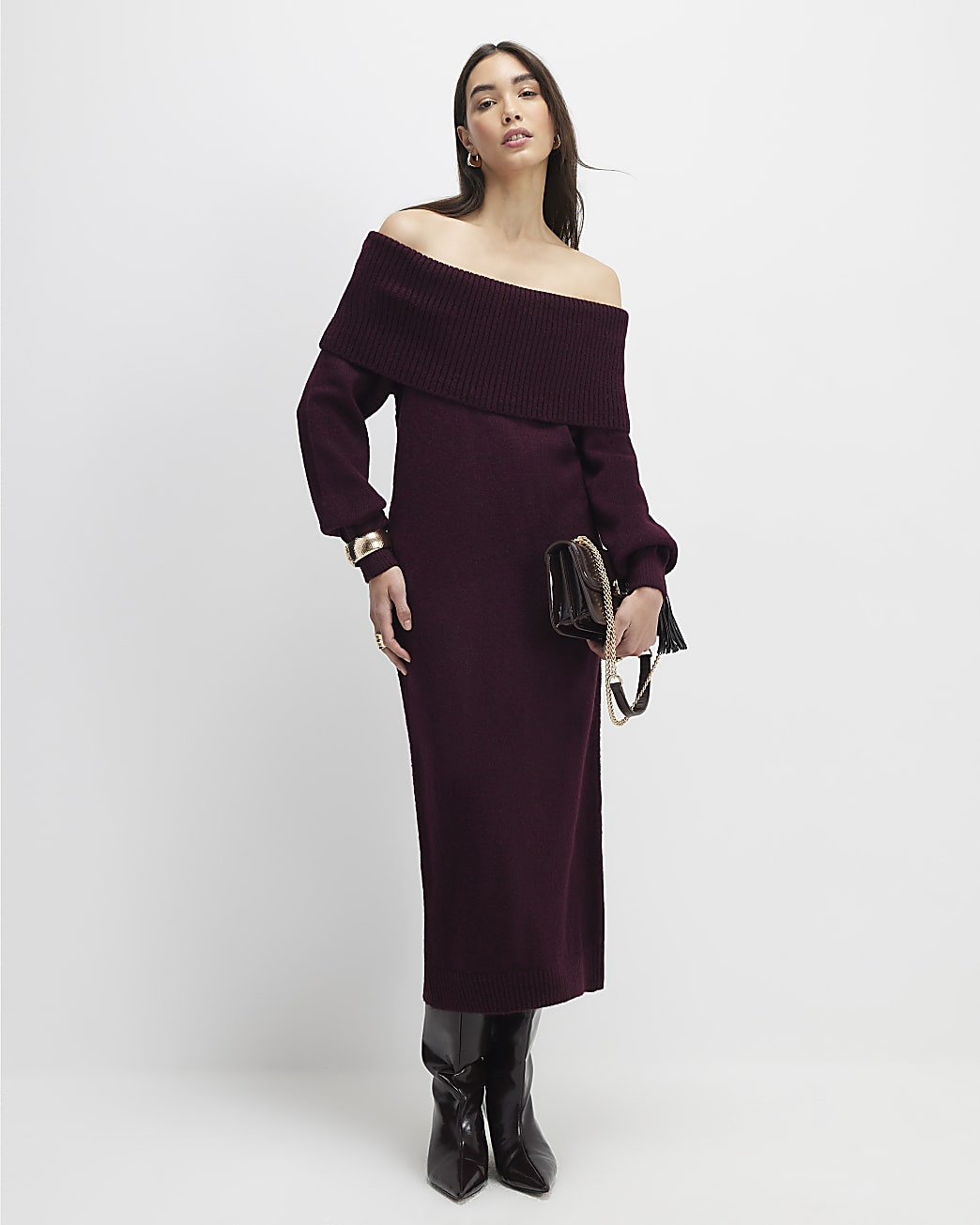 Red Knit Long Sleeve Bardot Midi Dress | River Island UK & IE