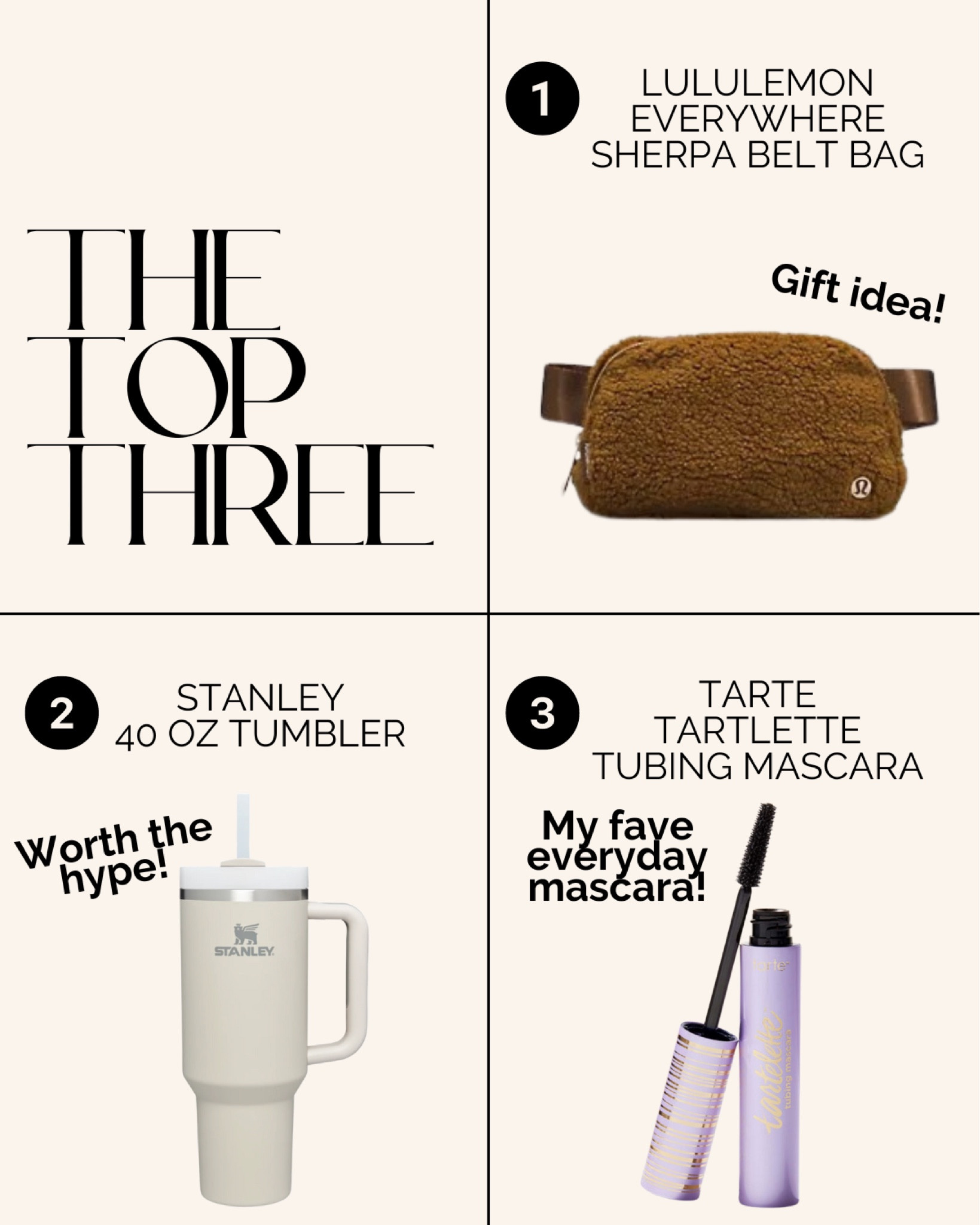 My faves lately!

Lululemon everywhere Sherpa belt bag
Stanley cup 40 oz tumbler
Tarte tubing mascara
Gift guide
Gifts for her
Belt bag
Fanny pack
Cute water bottle 
Everyday makeup 
Best mascara 

#LTKbeauty #LTKitbag #LTKGiftGuide