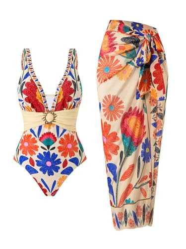 SherryDC One Piece Swimsuit with Cover up Wrap Skirt Sarong Floral Print Plunge V Neck Bathing Suit for Women | Amazon (US)