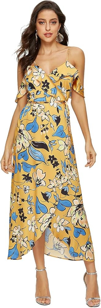 Women's Wrap Maxi Dress Floral Cold Shoulder High Low Split Party Dress | Amazon (US)