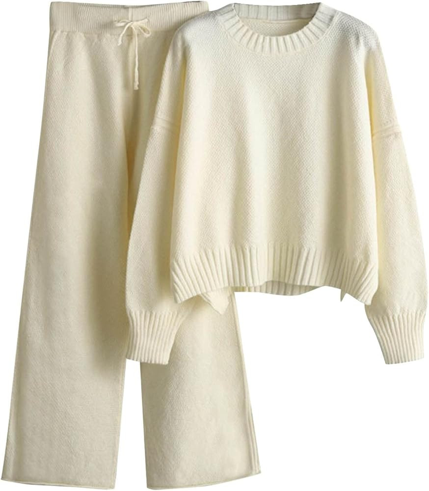 Women's Fall Winter Sweater Sets Fashion Loose Casual Wide-Leg Pants Knitted Sweater Top Pants Tw... | Amazon (US)