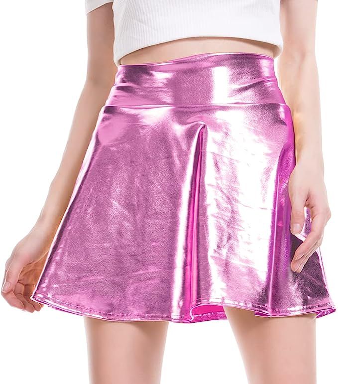 PrettyGuide Women's Metallic Skirt Shiny Holographic Y2k Party Flared Pleated Skater Skirts | Amazon (US)