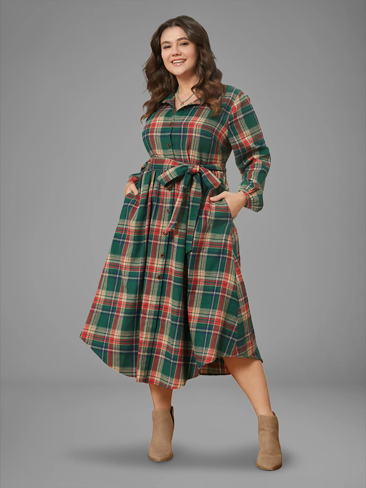 Plaid Button Detail Pocket Belted Arc Hem Dress | Bloomchic