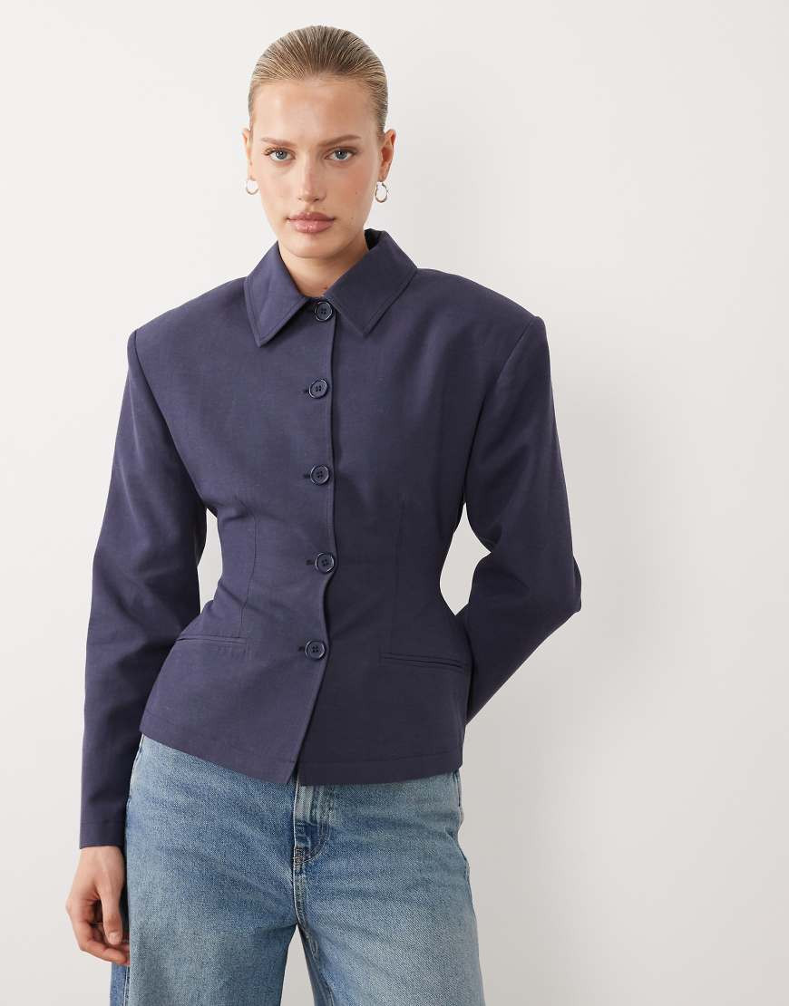 ASOS DESIGN button up linen look cinched blazer in graphite-Gray | ASOS (Global)