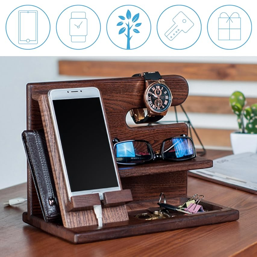 TESLYAR Wood Phone Docking Station Ash Key Holder Wallet Stand Watch Organizer Men Gift Husband W... | Amazon (US)