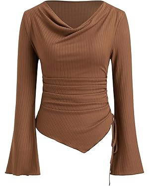 CIDER Long Sleeve Tops for Women Trendy Cowl Neck Asymmetrical Hem Ruched Going Out Tops Spring F... | Amazon (US)