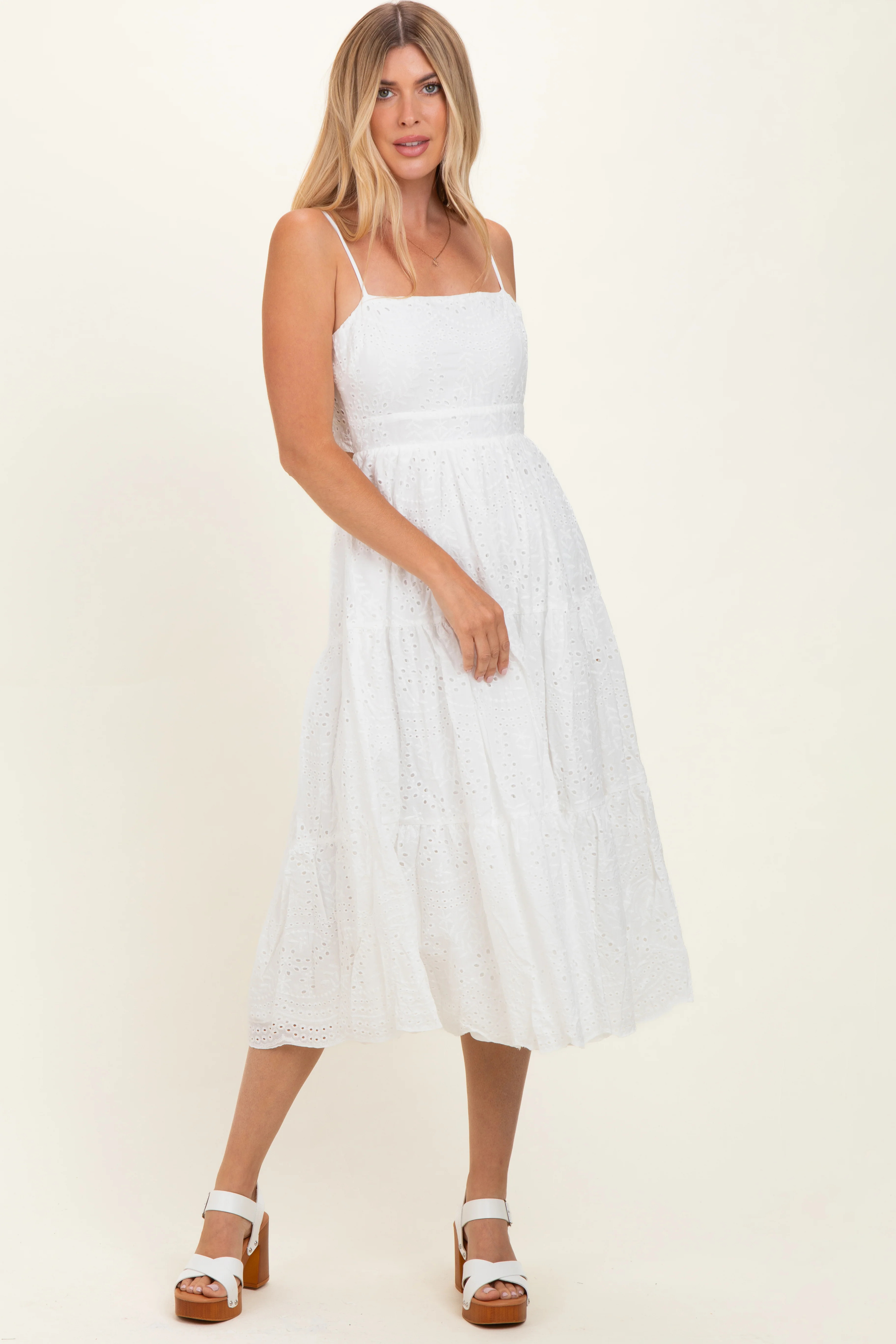 Off White Eyelet Lace Cutout Tie Back Midi Dress - Small | PinkBlush Maternity